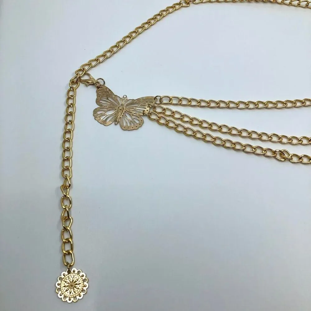 Women's Gold Butterfly Layered Chain Belt, 40.5 Inches, X7G9A1050